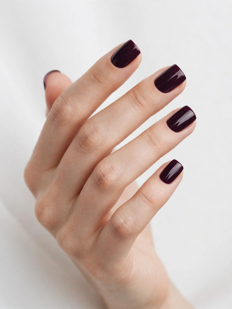 Elegant square-shaped short manicure painted in deep plum-black polish, showcasing a chic look for fall plum nails 2026.   