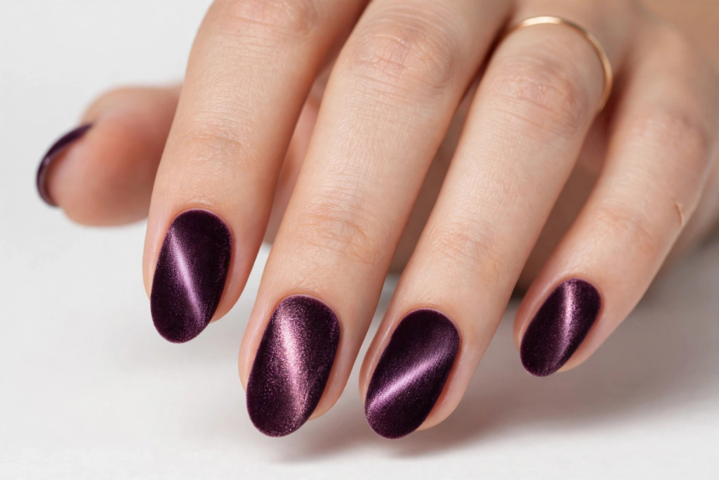 Velvet cat-eye manicure on rounded oval nails featuring a metallic shimmer finish for fall plum nails 2026.   