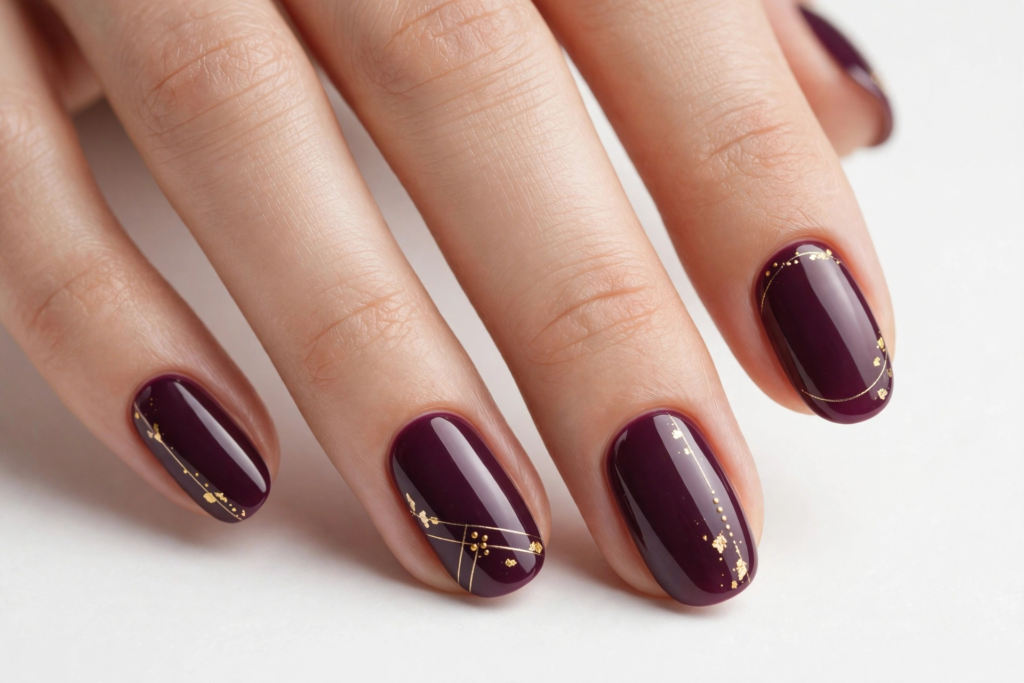 Glossy deep plum oval nails decorated with delicate gold foil accents and fine geometric lines for fall plum nails 2026.   