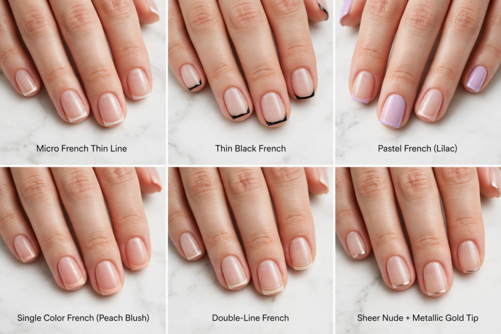 Short minimalist french nails ideas visual guide featuring micro thin white line, thin black, lilac pastel, peach blush, double-line, and metallic gold tips.   