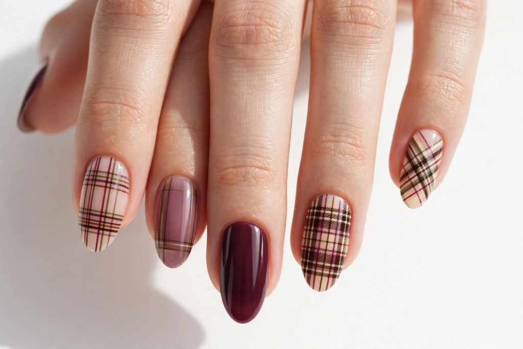 Cozy autumn manicure featuring detailed plaid pattern accents paired with glossy solid deep plum and sheer mauve oval nails for fall plum nails 2026.   
