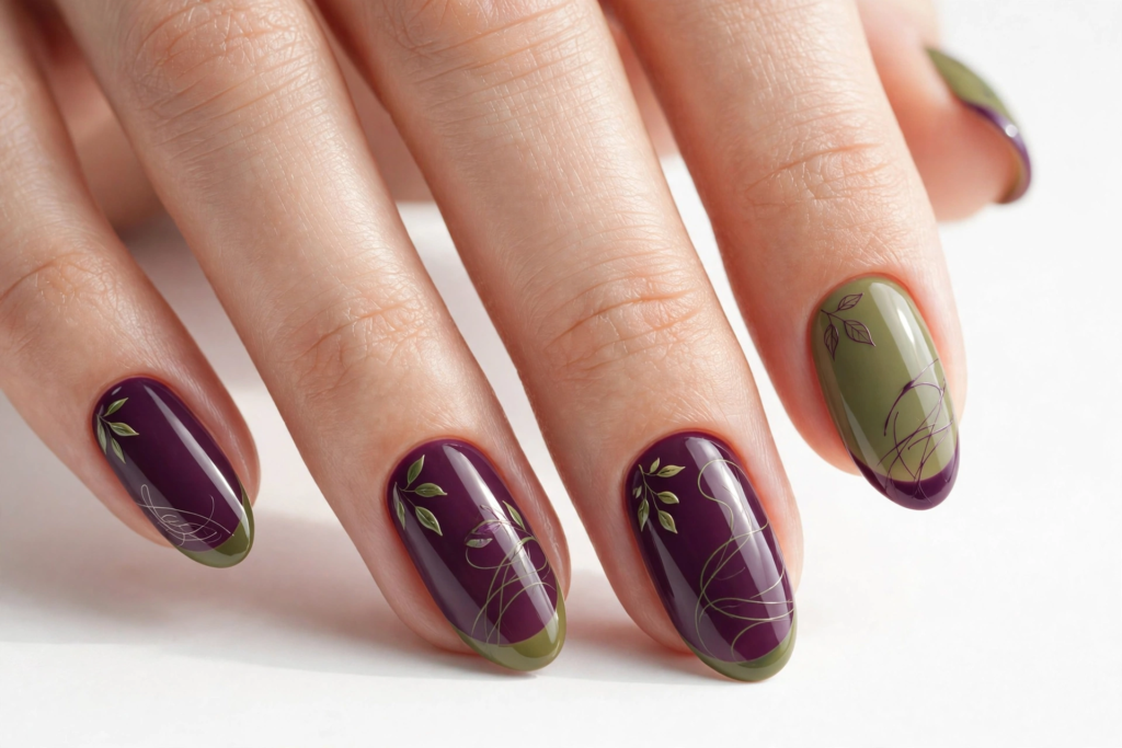 Glossy oval nails featuring deep plum purple polish with olive green tips, delicate leaf illustrations, and fine swirl linework for fall plum nails 2026.   