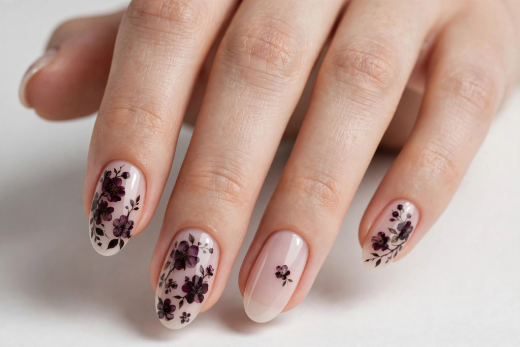 Glossy milky nude oval nails decorated with delicate dark plum watercolor floral illustrations and botanical branch nail art for fall plum nails 2026.   