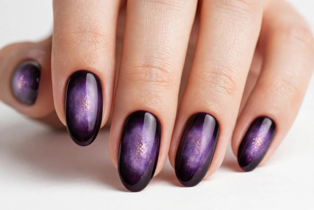 High-shine oval nails painted in an ultra-dark blackberry plum polish for a classic fall plum nails 2026 manicure.   