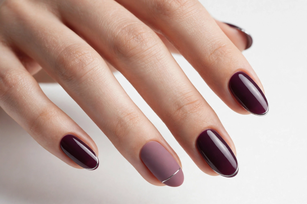 Glossy deep plum oval nails paired with a matte dusty rose accent nail and delicate silver metallic tip outlines for fall plum nails 2026.   