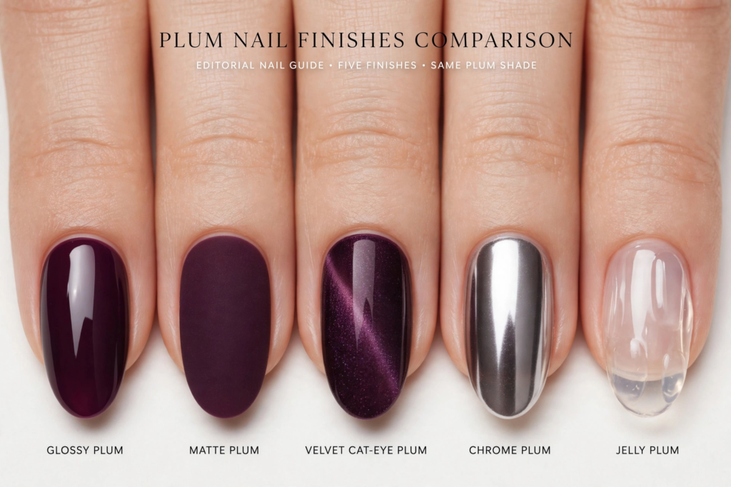 A comparison guide of five plum nail finishes—glossy, matte, velvet cat-eye, chrome, and jelly plum—showcased on oval nails for fall plum nails 2026.   