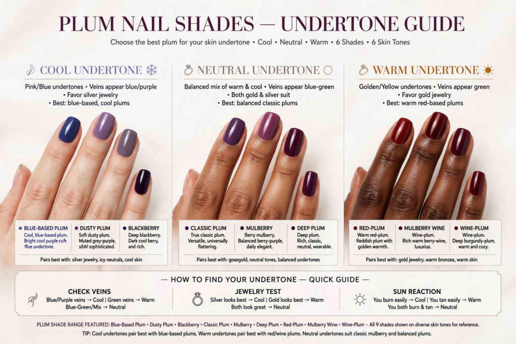Comprehensive plum nail shades undertone guide matching cool, neutral, and warm skin tones to nine distinct colors for fall plum nails 2026.   
