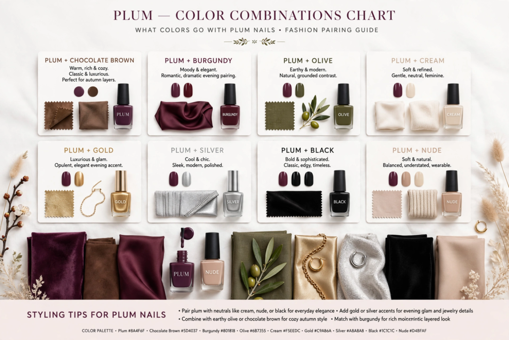 Plum color combinations chart displaying fabric swatches and nail polish pairings like chocolate brown, olive, gold, and nude for fall plum nails 2026.   