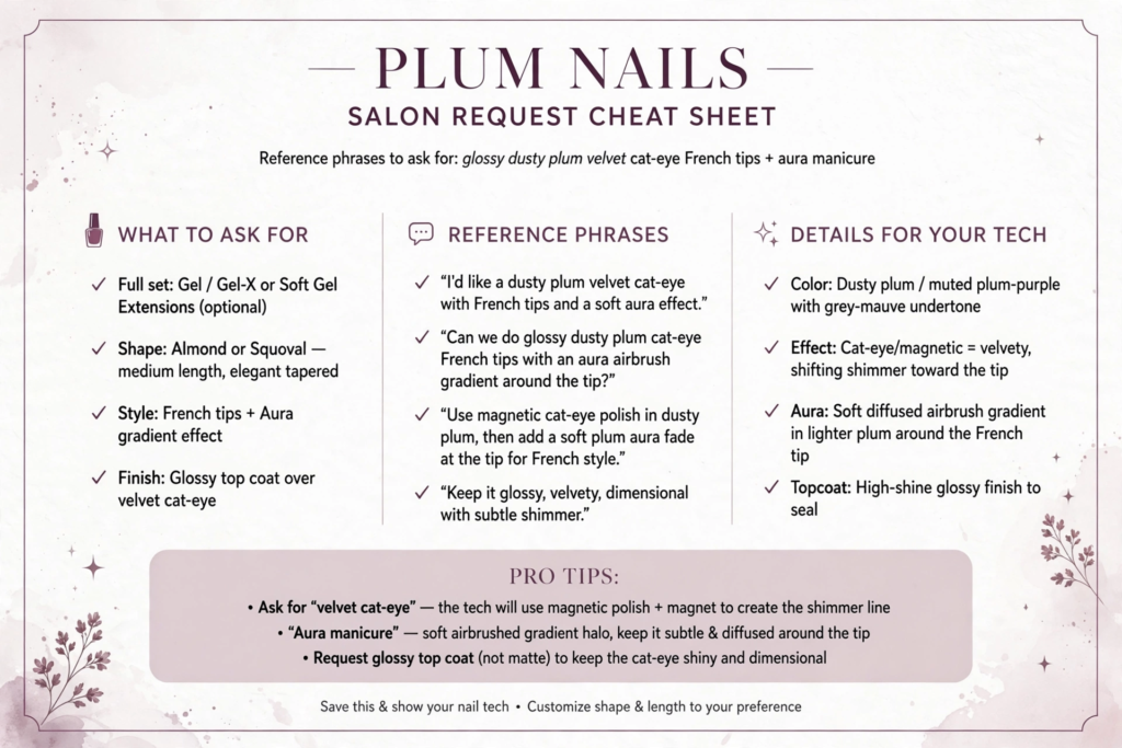 Salon request cheat sheet guide outlining reference phrases and nail tech instructions for fall plum nails 2026.   