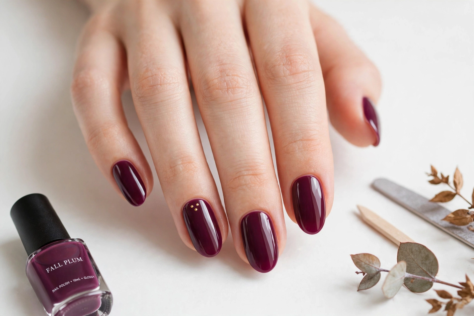 Glossy deep plum oval nails featuring delicate tiny gold dot accents on the ring finger alongside a matching polish bottle for fall plum nails 2026.