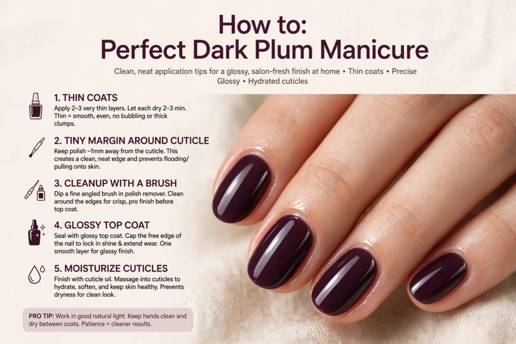 Step-by-step infographic guide on how to achieve a perfect dark plum manicure, featured alongside glossy deep purple oval nails for fall plum nails 2026.   