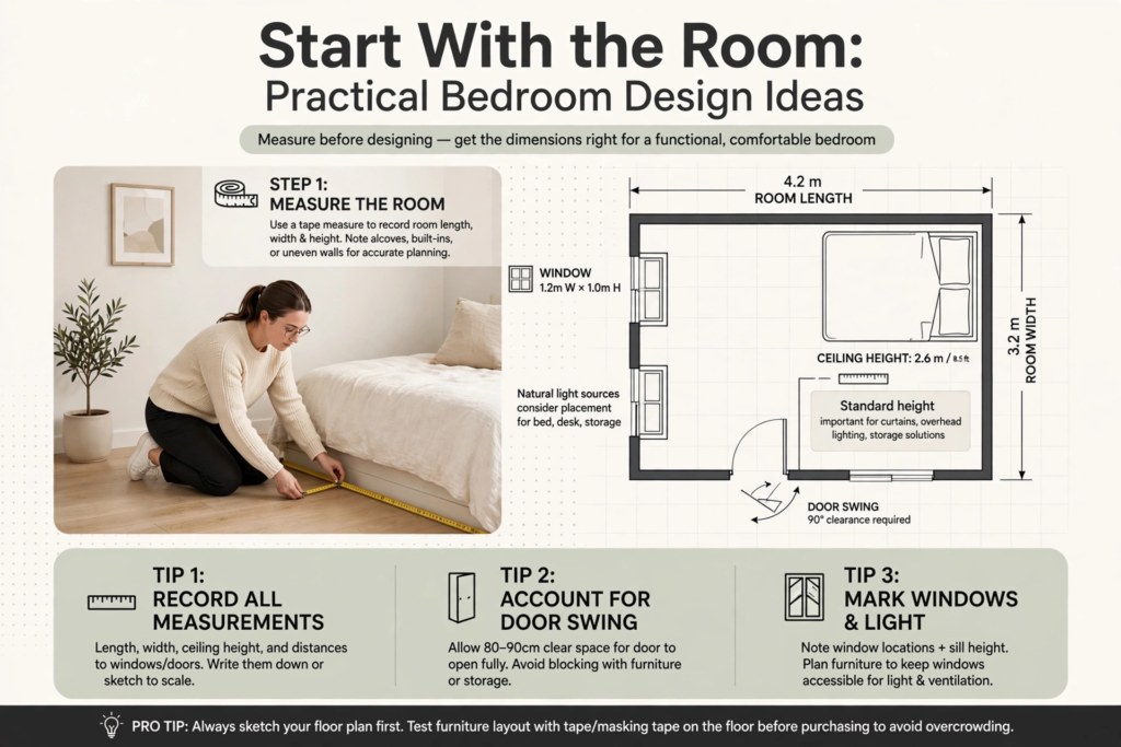 Practical bedroom design ideas infographic showing how to measure room dimensions with a floor plan layout and tips for furniture placement.