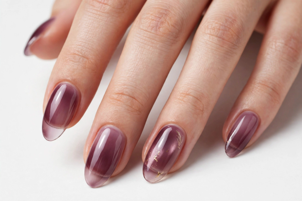Glossy oval clear glass nails featuring smoky plum purple jelly tips and subtle gold botanical accents for fall plum nails 2026.   