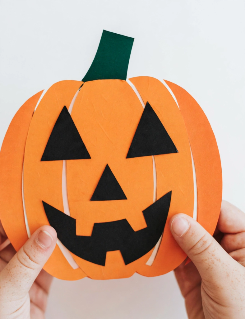 Hands holding a handmade paper jack-o'-lantern, an easy idea for October crafts for kids.