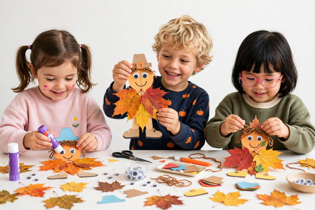 Three children making paper scarecrows with autumn leaves for October crafts for kids.   