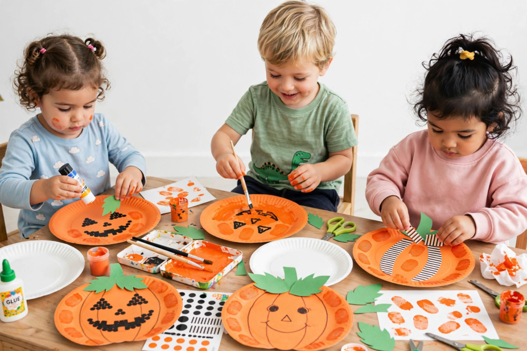 Toddlers painting paper plate pumpkins at a craft table for October crafts for kids.   