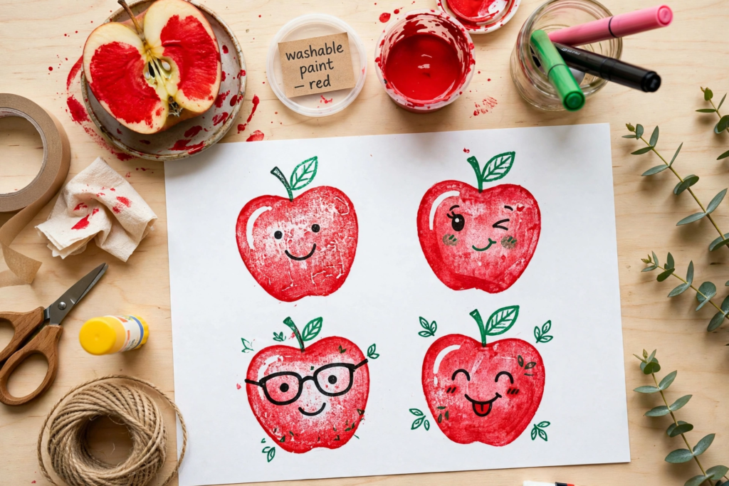 Red apple stamping art with cute drawn faces, a simple project for October crafts for kids.   