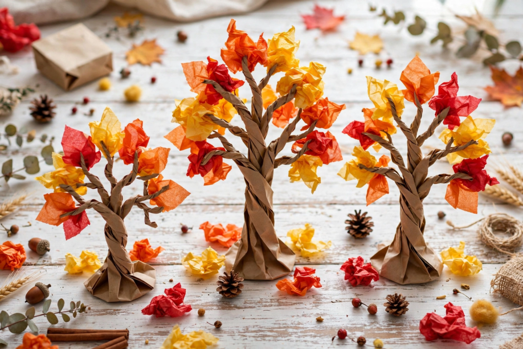 Twisted paper bag fall trees with colorful tissue paper leaves, an easy idea for October crafts for kids.   