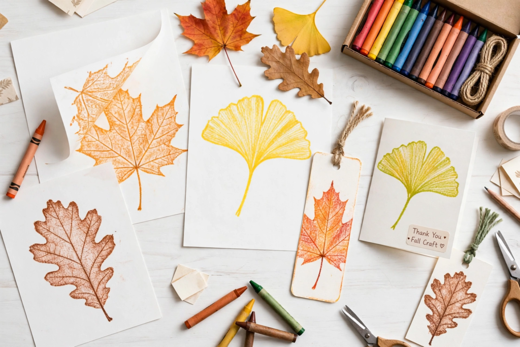Colorful crayon leaf rubbings and handmade bookmarks, an easy idea for October crafts for kids.   
