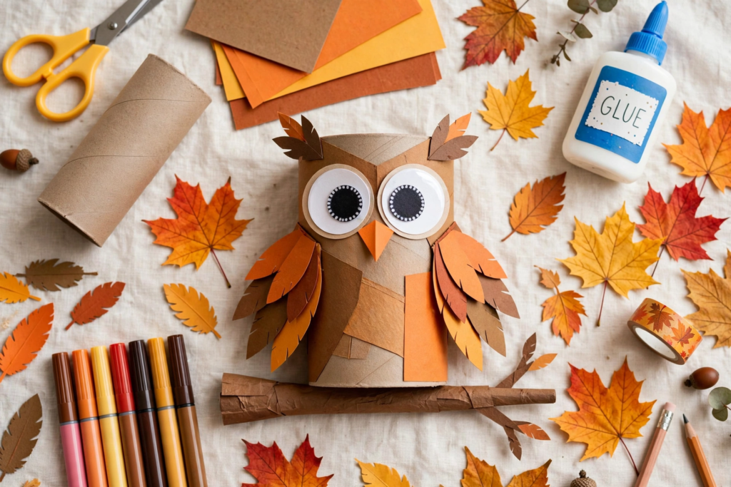 Toilet paper roll owl craft perched on a branch, a creative idea for October crafts for kids.   