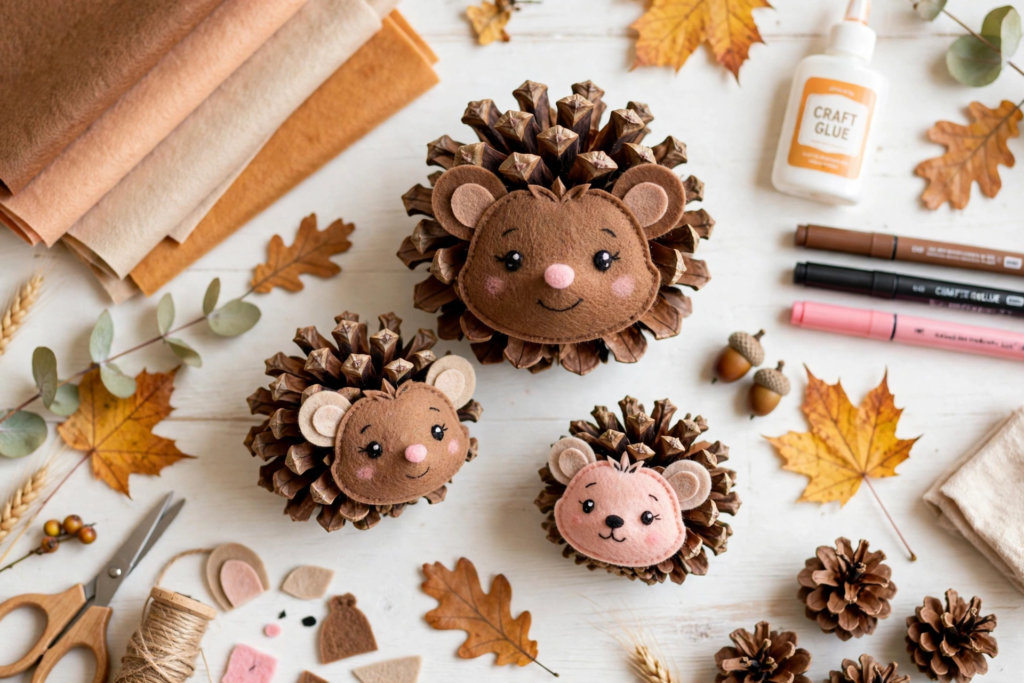 Pinecone hedgehogs with felt faces, an adorable project for October crafts for kids.   