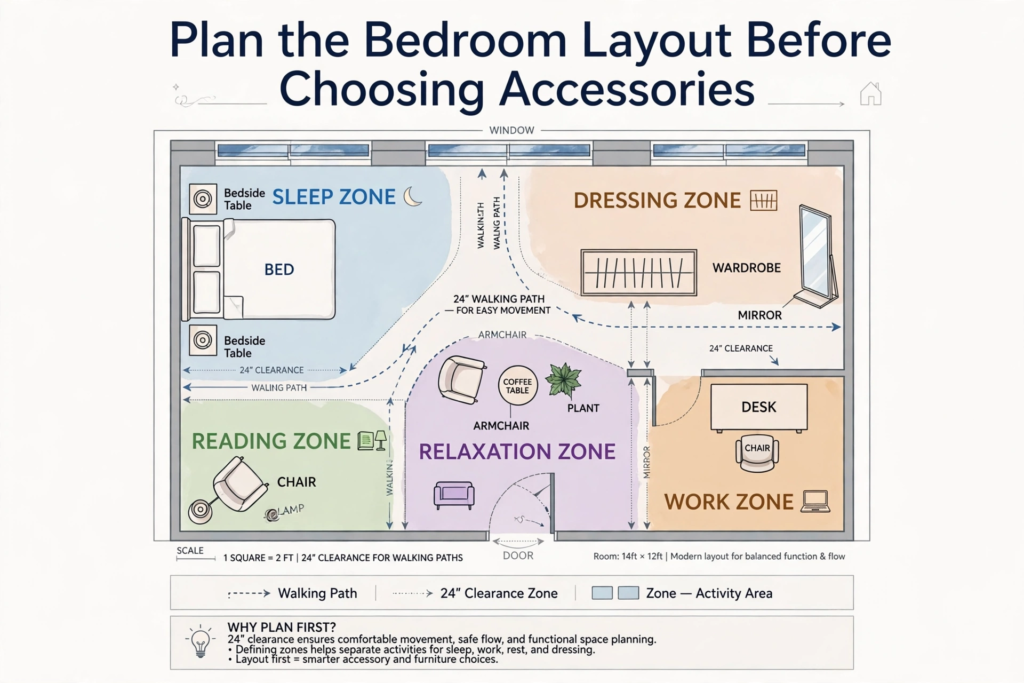 Functional bedroom design ideas illustrating a 14ft by 12ft floor plan divided into sleep, work, relaxation, reading, and dressing zones with walking clearances.   