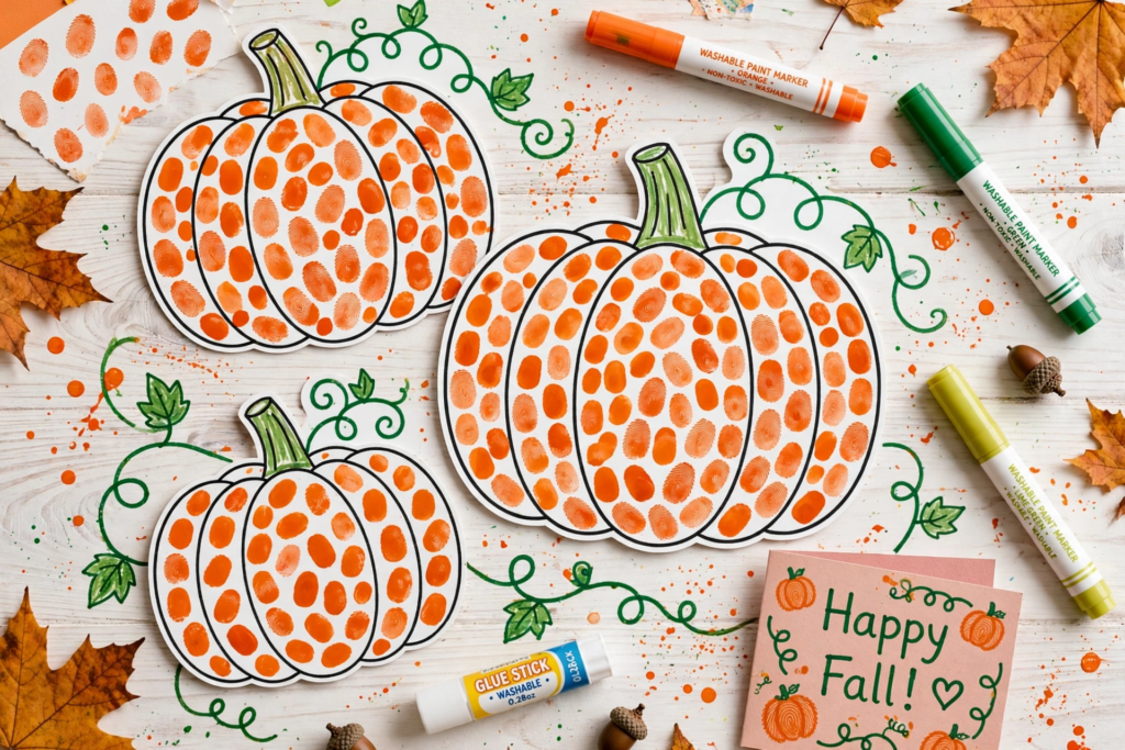 Orange fingerprint pumpkin art on paper, an easy project for October crafts for kids.   