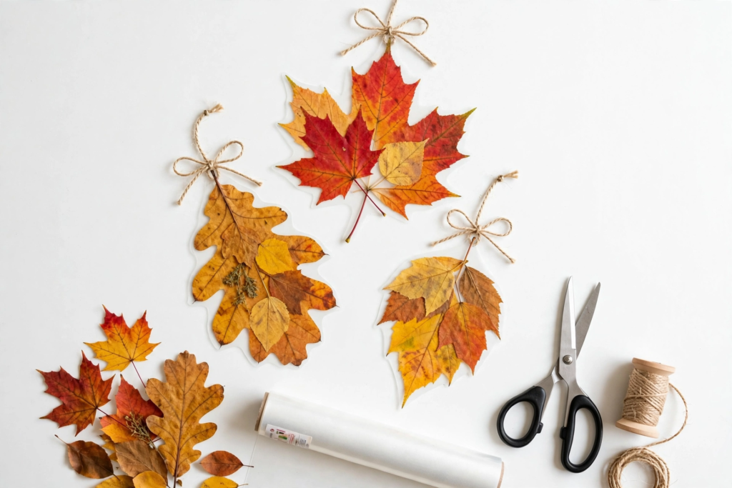 Laminated fall leaf suncatchers tied with twine bows, an easy idea for October crafts for kids.   