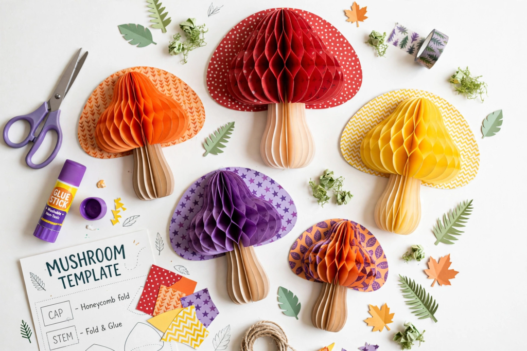 Colorful 3D honeycomb paper mushrooms, a fun autumn idea for October crafts for kids.   
