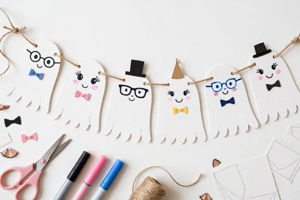 Cute paper ghost garland with bowtie and glasses cutouts, a playful idea for October crafts for kids.   