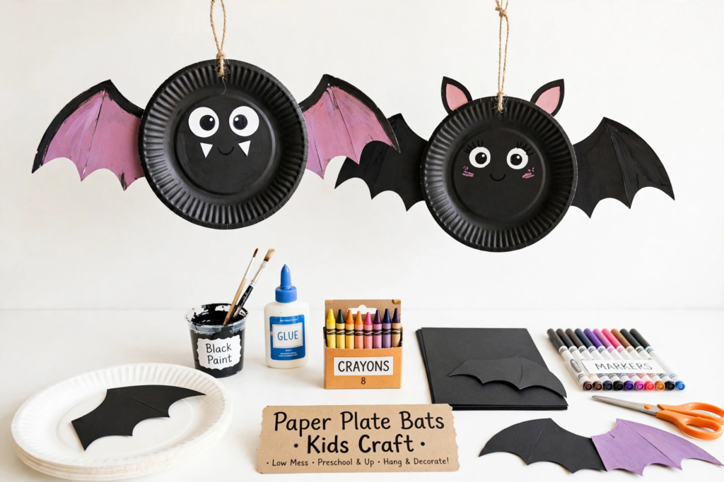 Hanging paper plate bats craft, an easy Halloween project for October crafts for kids.   
