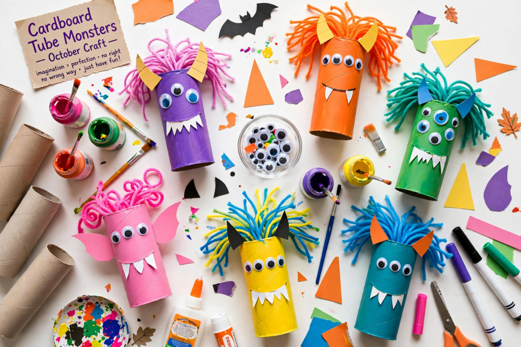 Colorful cardboard tube monsters with yarn hair and googly eyes, a fun project for October crafts for kids.   