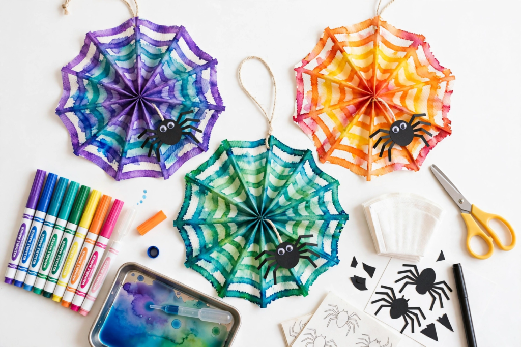 Colorful tie-dye coffee filter spider webs with paper spiders, a creative idea for October crafts for kids.   