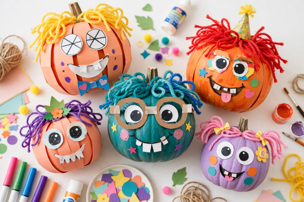 Colorful painted pumpkin monster characters with yarn hair, a fun idea for October crafts for kids.   
