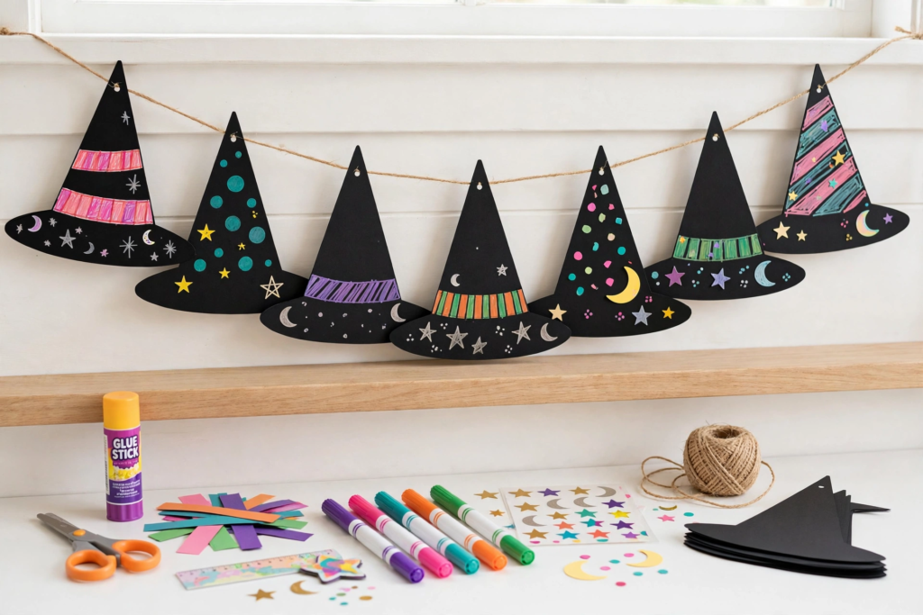 Paper witch hat garland decorated with colorful markers and stickers, a festive idea for October crafts for kids.   