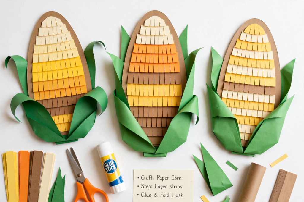 Layered paper corn cobs with folded green husks, an easy idea for October crafts for kids.   