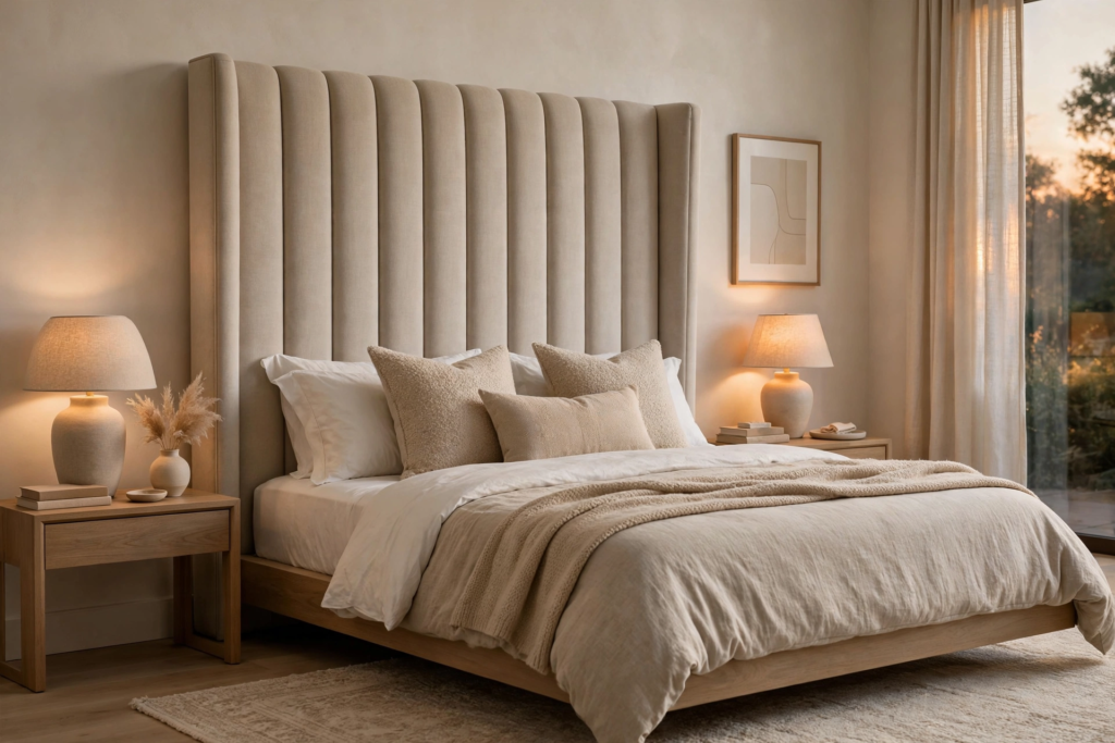 Luxurious bedroom design ideas featuring an extra-tall channel-tufted beige headboard, warm ambient bedside lamps, and neutral textured layered bedding.