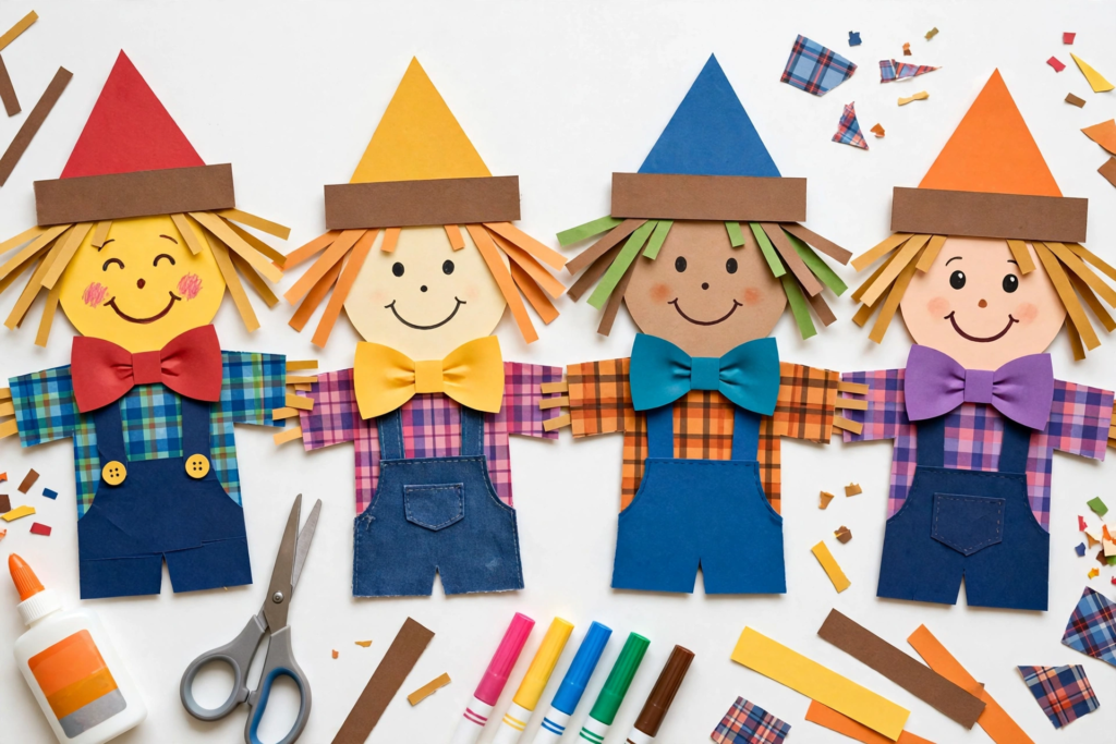 Four colorful paper scarecrows dressed in plaid shirts and overalls, an easy project for October crafts for kids.   