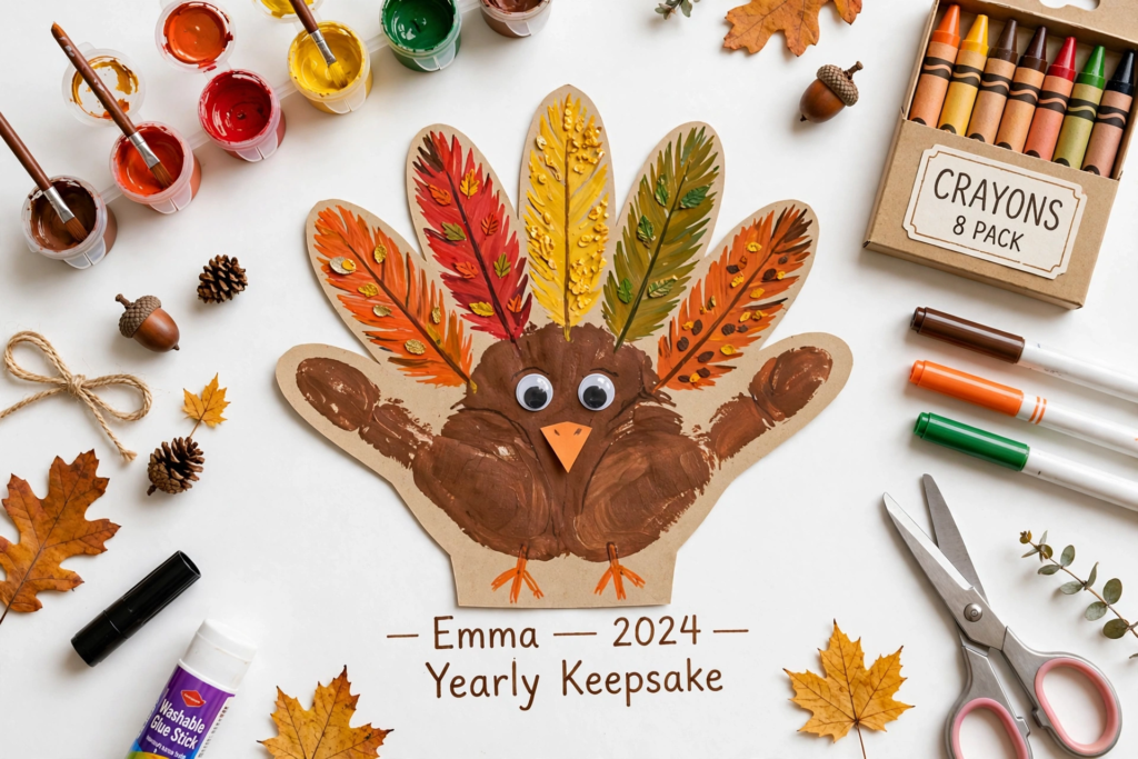Handprint turkey keepsake craft decorated with painted feathers, an easy project for October crafts for kids.   