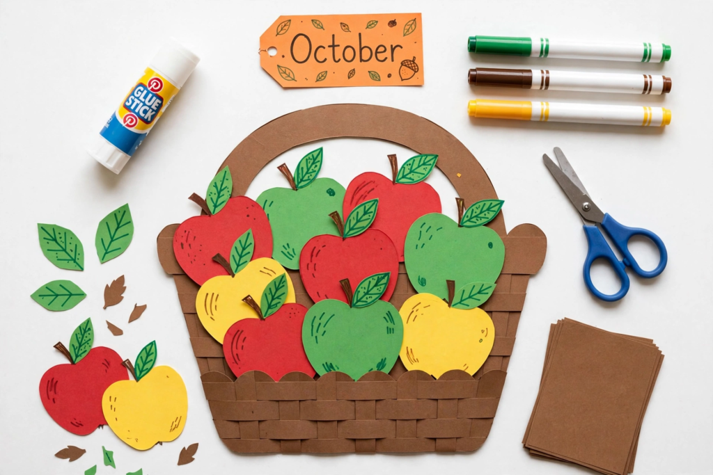 Woven paper apple basket craft with colorful apples, an easy project for October crafts for kids.   