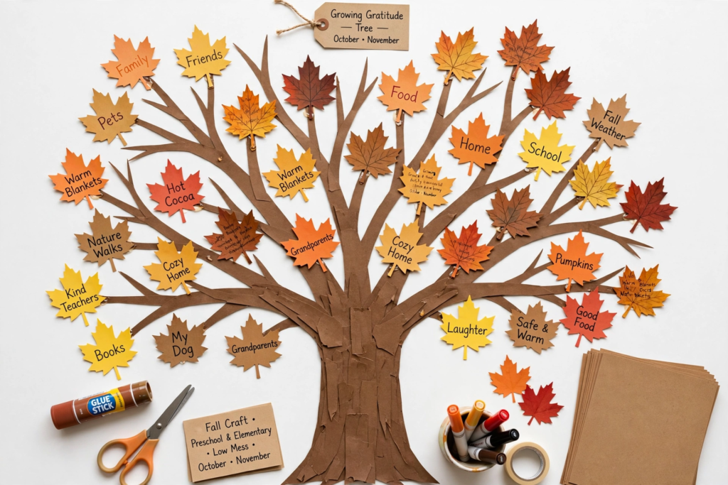 Paper gratitude tree craft with autumn leaves, a meaningful idea for October crafts for kids.   