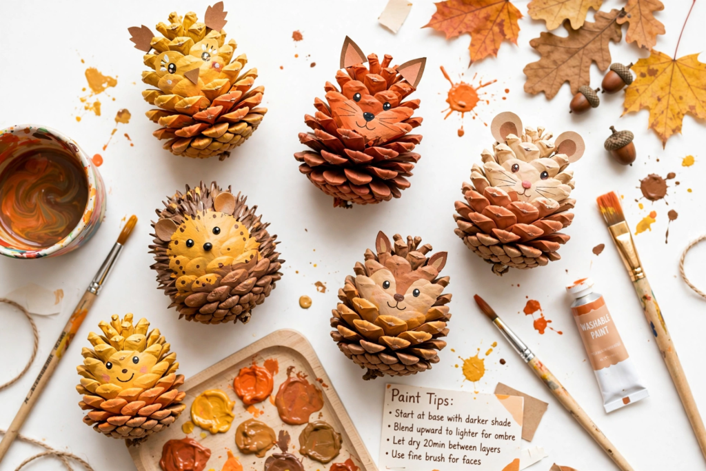 Painted pinecone woodland animals with cute paper faces, an adorable idea for October crafts for kids.   