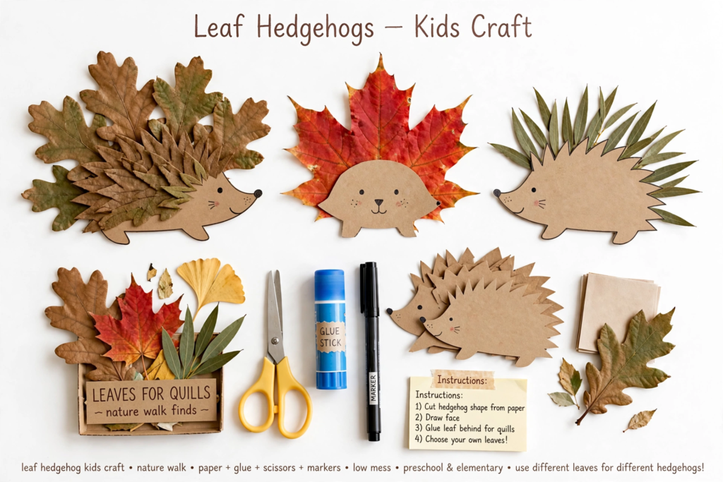 Cardboard and fall leaf hedgehogs craft, a fun nature project for October crafts for kids.   