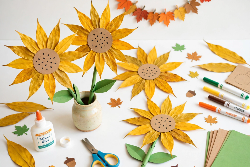Handmade autumn leaf sunflowers in a small vase, an easy project for October crafts for kids.   