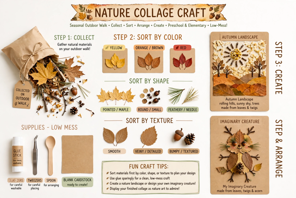 Step-by-step nature collage craft guide with fall leaves, twigs, and acorns, a creative idea for October crafts for kids.   