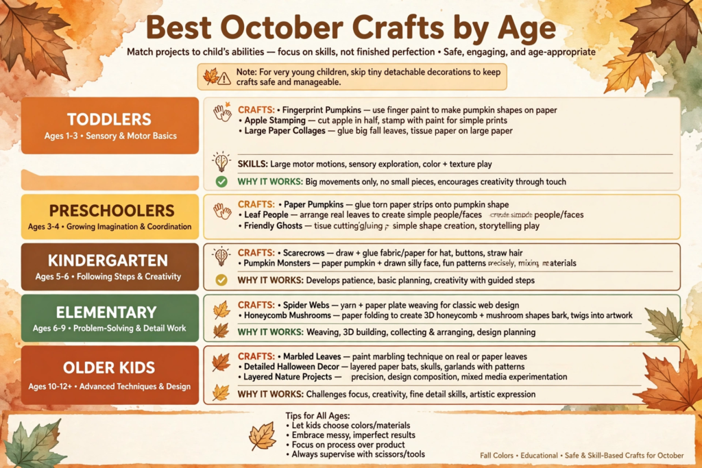 Age-by-age guide for fall projects, a helpful resource for October crafts for kids.   