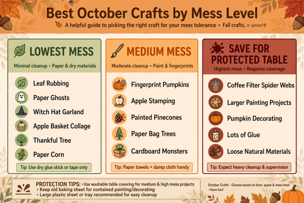 Guide organizing autumn projects by mess level, a handy resource for October crafts for kids.   