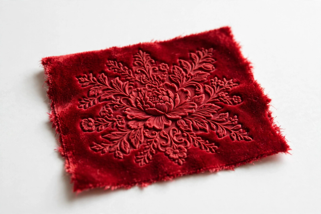 20 Nostalgic Crafts Making a Comeback in 2026 Deep red velvet fabric swatch featuring an intricately embossed floral and botanical motif with frayed edges, highlighting nostalgic crafts 2026 velvet embossing and textile art ideas.