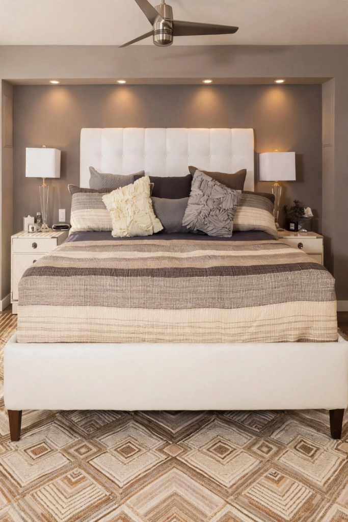 Cozy modern bedroom design ideas showing a white tufted upholstered bed placed in a recessed alcove with spotlight lighting and a patterned geometric rug.   