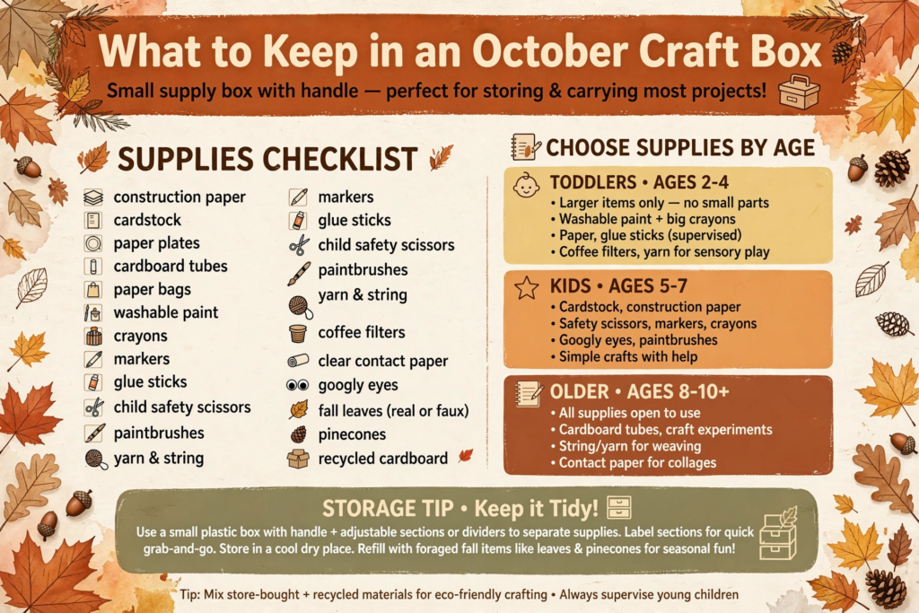 Checklist guide for stocking an autumn supply kit for October crafts for kids.   
